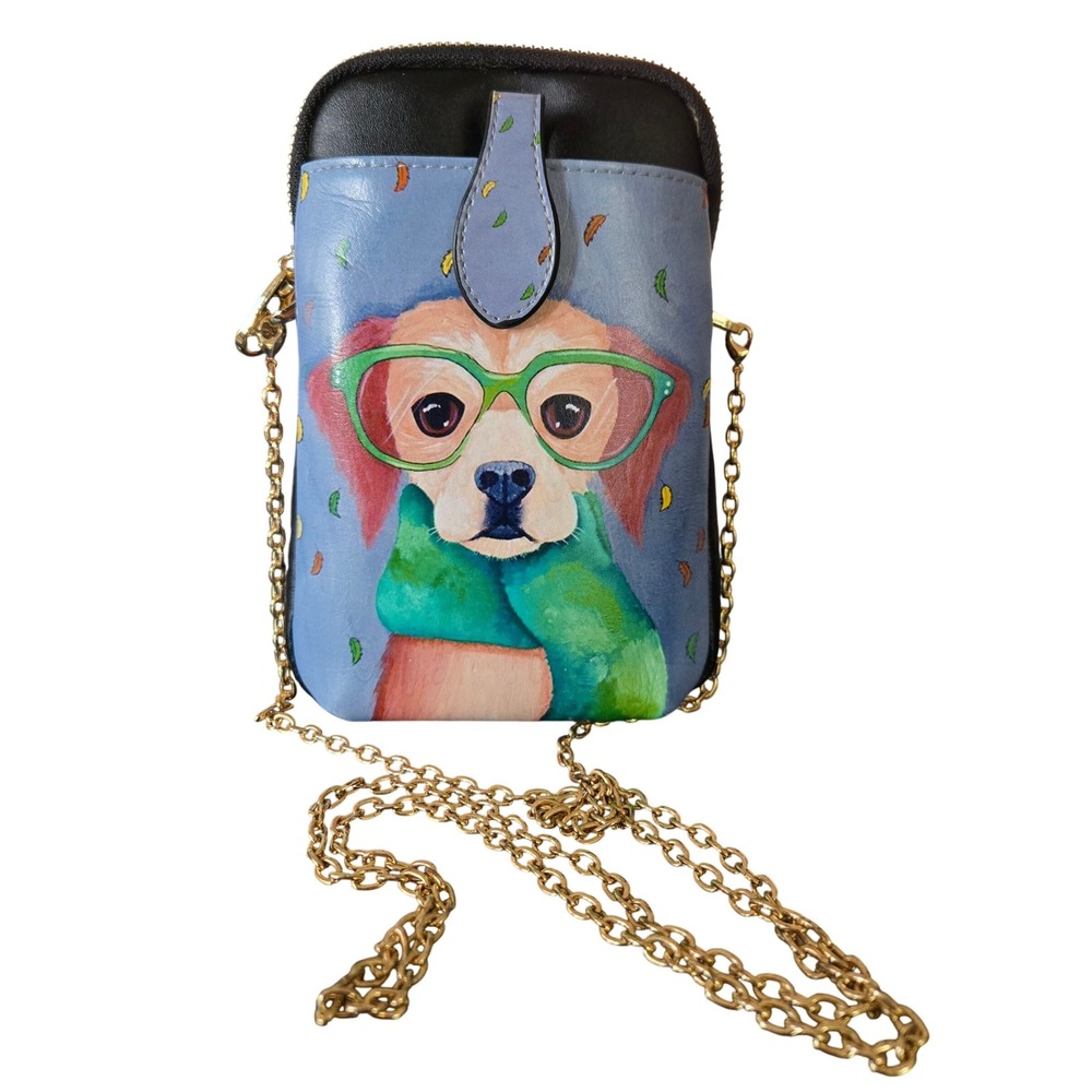 Whimsical Artsy Aphison Dog in Glasses w/ Scarf Crossbody Phone Bag Gold Chain‎